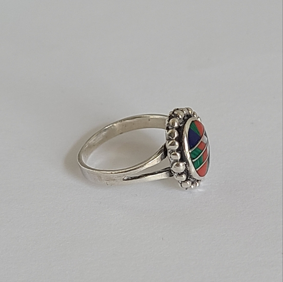 Vintage Boho Navajo Sterling Silver Inlaid Coral Lapis Malachite Mosaic Ring 5 - Picture 7 of 13